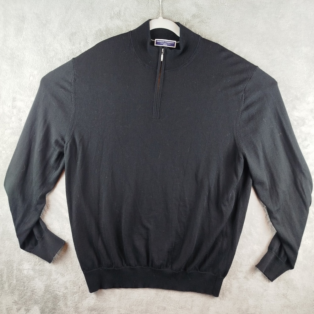 Charles Tyrwhitt Sweater Mens 2XL 100% Merino Wool Black 1/4 Quarter Zip Preppy